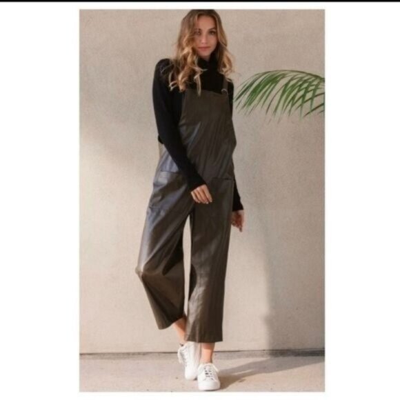 FAUX LEATHER OLIVE WIDE LEG JUMPSUIT-NEW - Picture 6 of 6